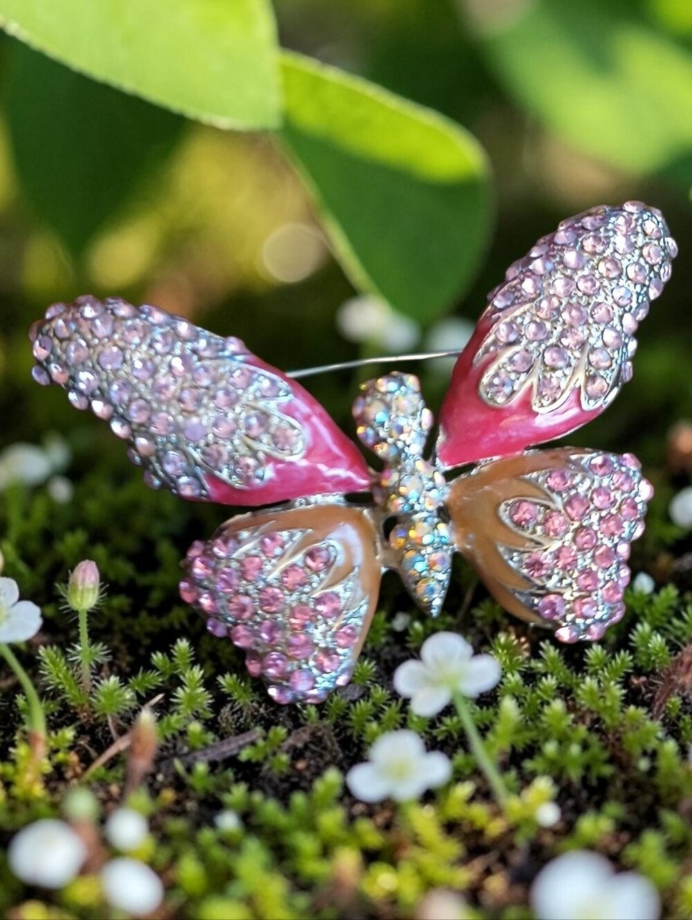 Pink Crystal Butterfly Enameled Brooch